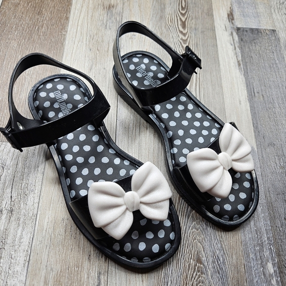 Mini Melissa Mar Sandal Black with White Glitter Toe Bow Youth size 2 - Picture 1 of 6